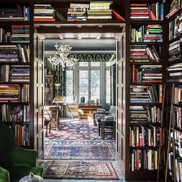 Elegantes Wohnzimmer mit Bücherregalen, Blick auf Fenster, gemütliche Atmosphäre.