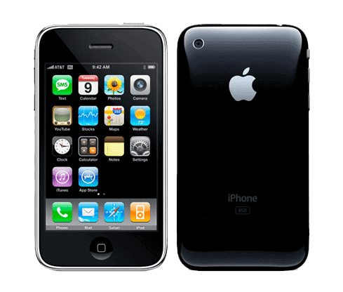 IPhone 3G in Schwarz, Apple Smartphone mit Touchscreen und App-Icons.