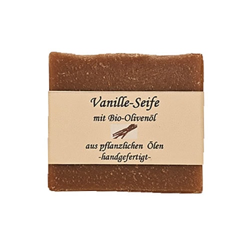 Handgemachte Vanille-Seife mit Bio-Olivenöl, pflanzliche Öle, natürliche Pflege.