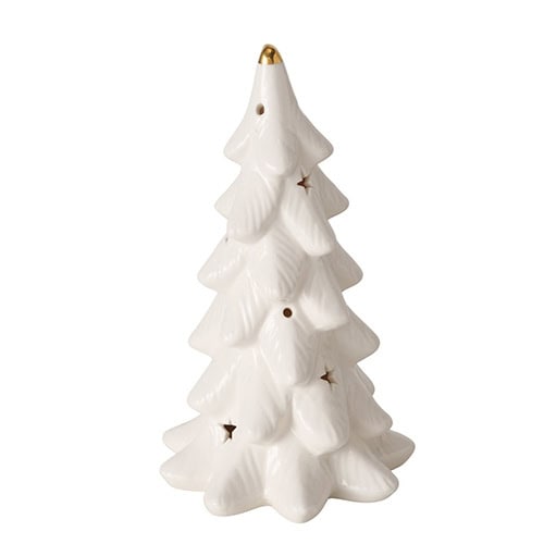Eleganter weißer Weihnachtsbaum aus Keramik mit goldener Spitze und Sternen-Dekor.