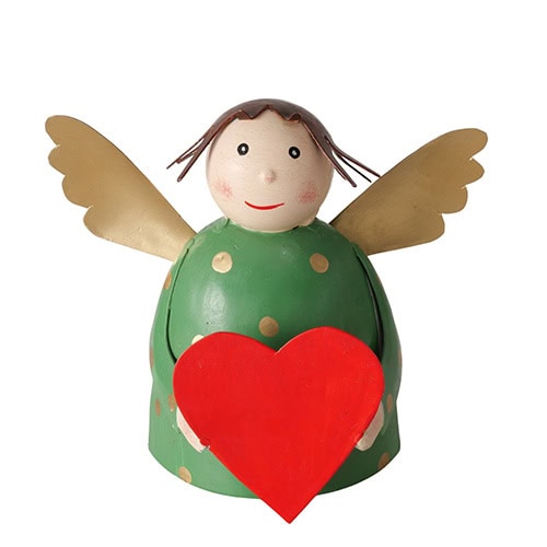 Ein niedlicher Engel mit Flügeln hält ein rotes Herz, symbolisiert Liebe und Fürsorge, ideal für Dek.