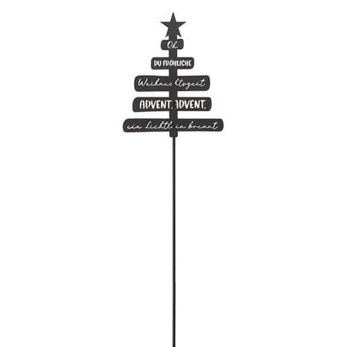 Der Weihnachtsbaum mit Schriftzug "Willkommen, Advent, Freude" und Stern an der Spitze.