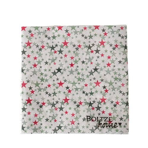 Hochwertiges Geschenkpapier mit roten, grünen und silbernen Sternen für festliche Anlässe.