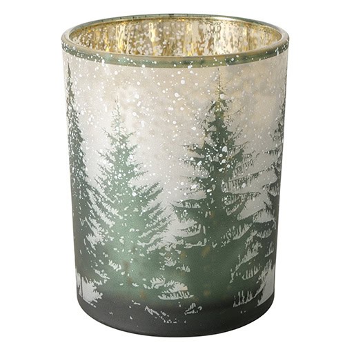 Hochwertiger Kerzenglas mit winterlichem Tannenbaum-Design und Goldrand, ideal für festliche Dekorat.