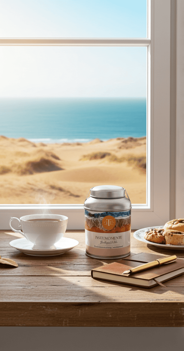 Frühstück am Fenster mit Meeresblick, Kaffee, Keksen und einem Glas mit Nahrungsergänzungsmittel.