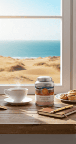 Frühstück mit Blick auf den Strand und das Meer, Kaffee, Kekse und ein Glas mit Nahrungsergänzungsmi.