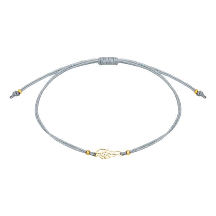 Armband mit goldener Flamme und grauem Kordel-Design.