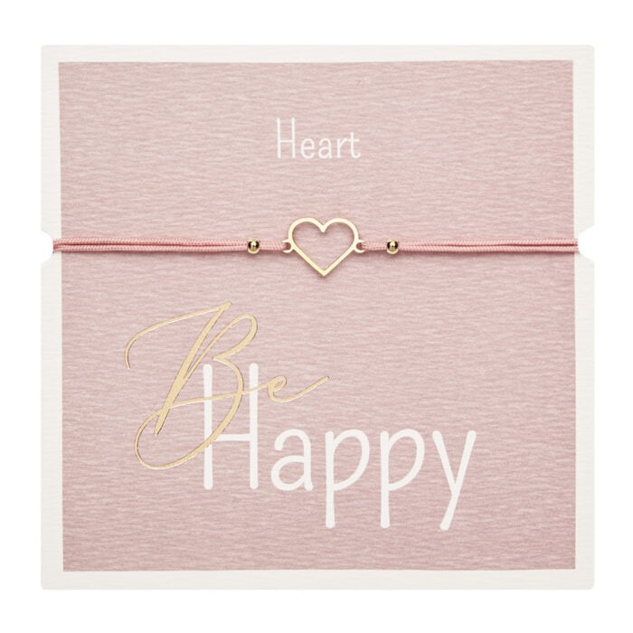Herzarmband mit "Be Happy" Schriftzug auf rosa Hintergrund.