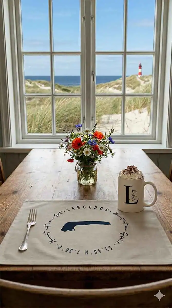 Blick durch das Fenster auf Dünen und Leuchtturm bei Schietwetter auf Langeoog.
