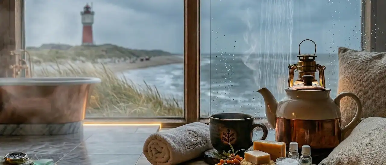 Entspannende Wellness-Atmosphäre mit Blick auf den Strand und den Leuchtturm.