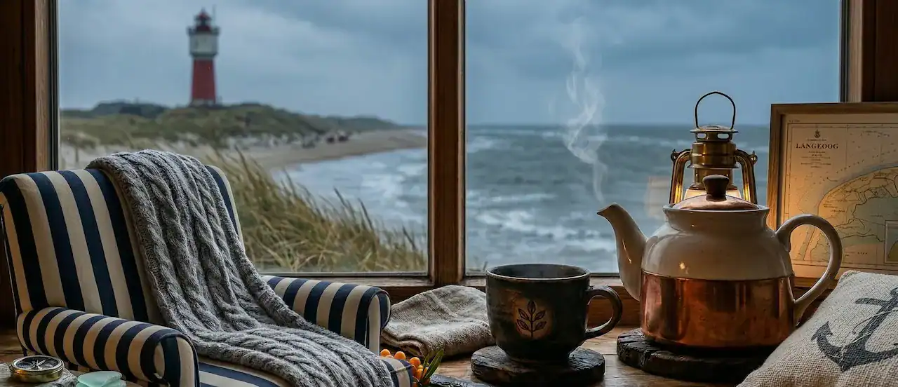 Teekanne und Tasse vor Fenster mit Meeresblick und Leuchtturm im Hintergrund.