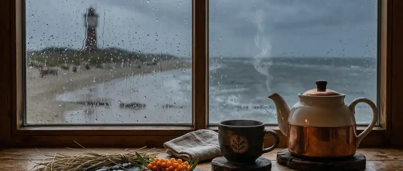 Leuchtturm an der Küste bei stürmischem Wetter, Sicht durch das Fenster mit Teekanne und Tasse im Vo.