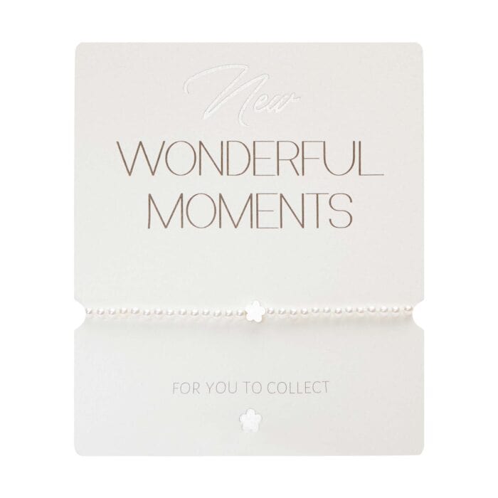 Elegante Grußkarte mit Perlen und "New Wonderful Moments" Schrift.