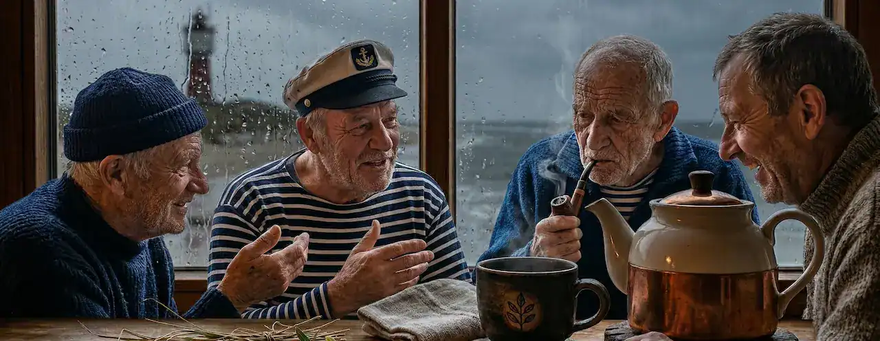 Ältere Männer beim Kaffeetrinken und Plaudern in gemütlicher Atmosphäre.