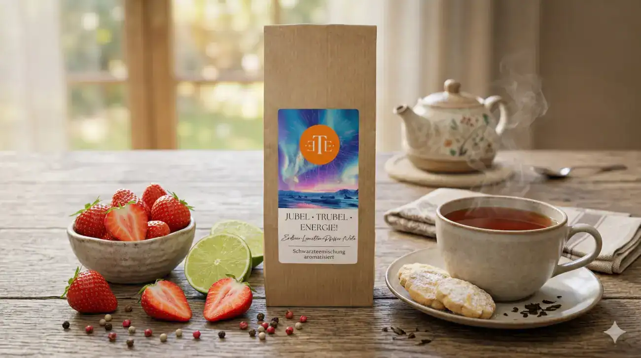 Früchtetee mit Erdbeeren, Zitrone und Keksen auf Holztablett.