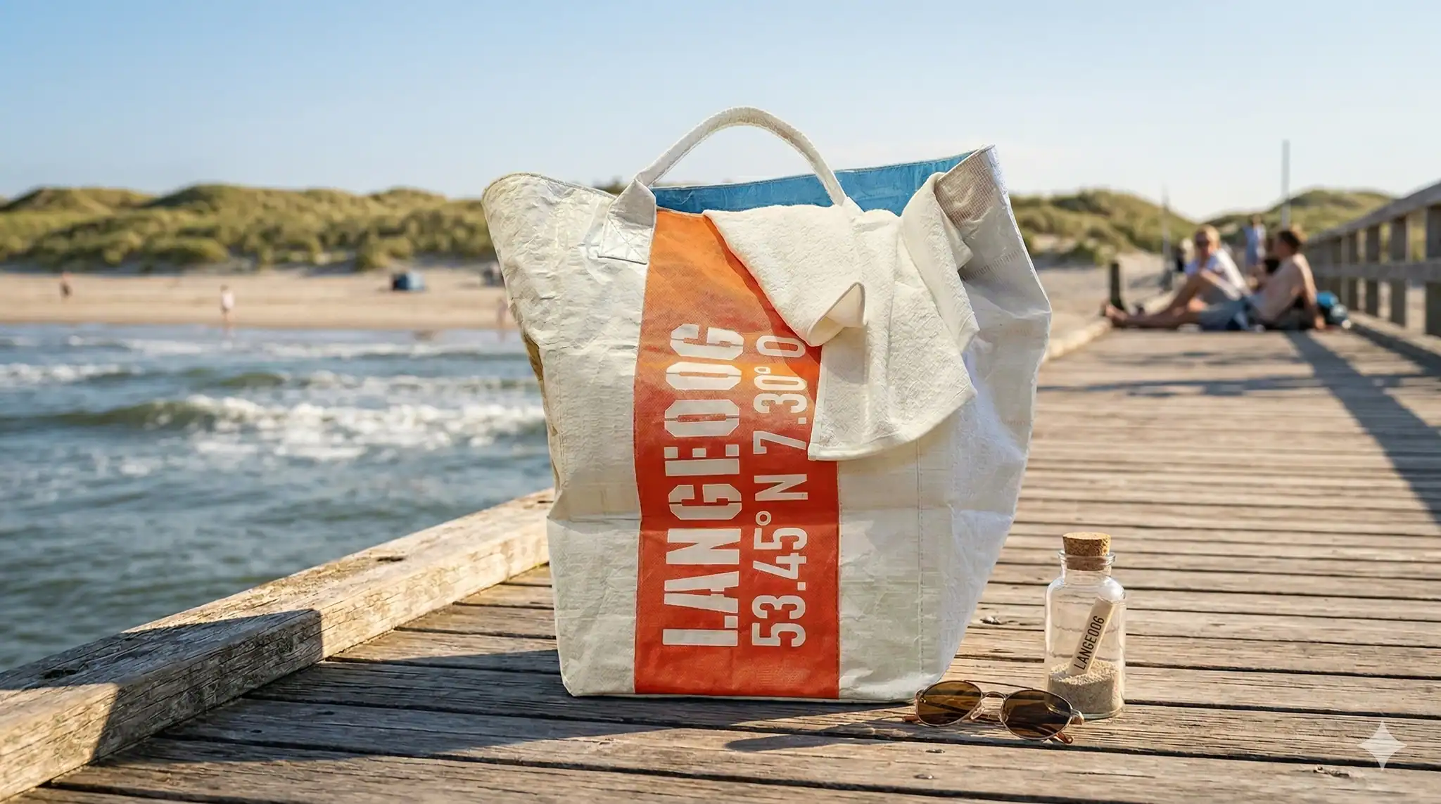 Strandtasche von Fokko 1883 am Strand mit Meer und Sand im Hintergrund.