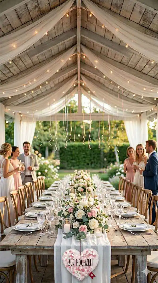 Hochzeitstisch im Garten mit Blumen, Kerzen und festlicher Dekoration.