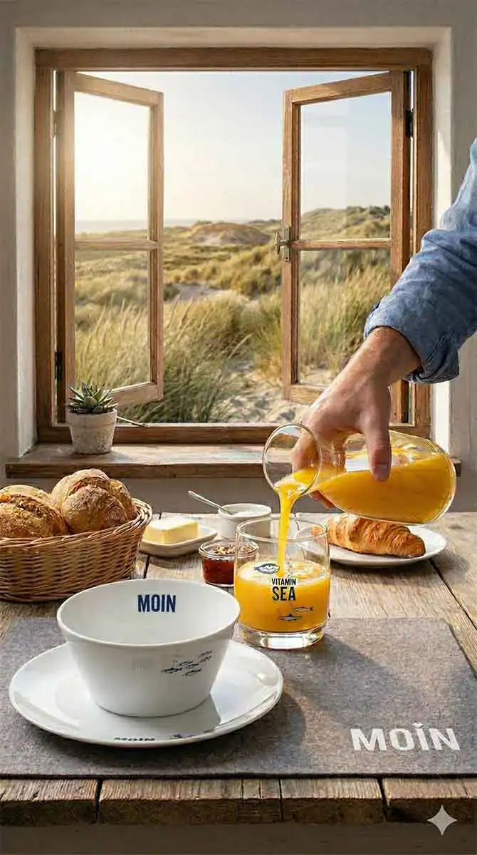 Frühstückstisch mit Meerblick, Kaffee, Croissants und Geschenkideen für besondere Anlässe.