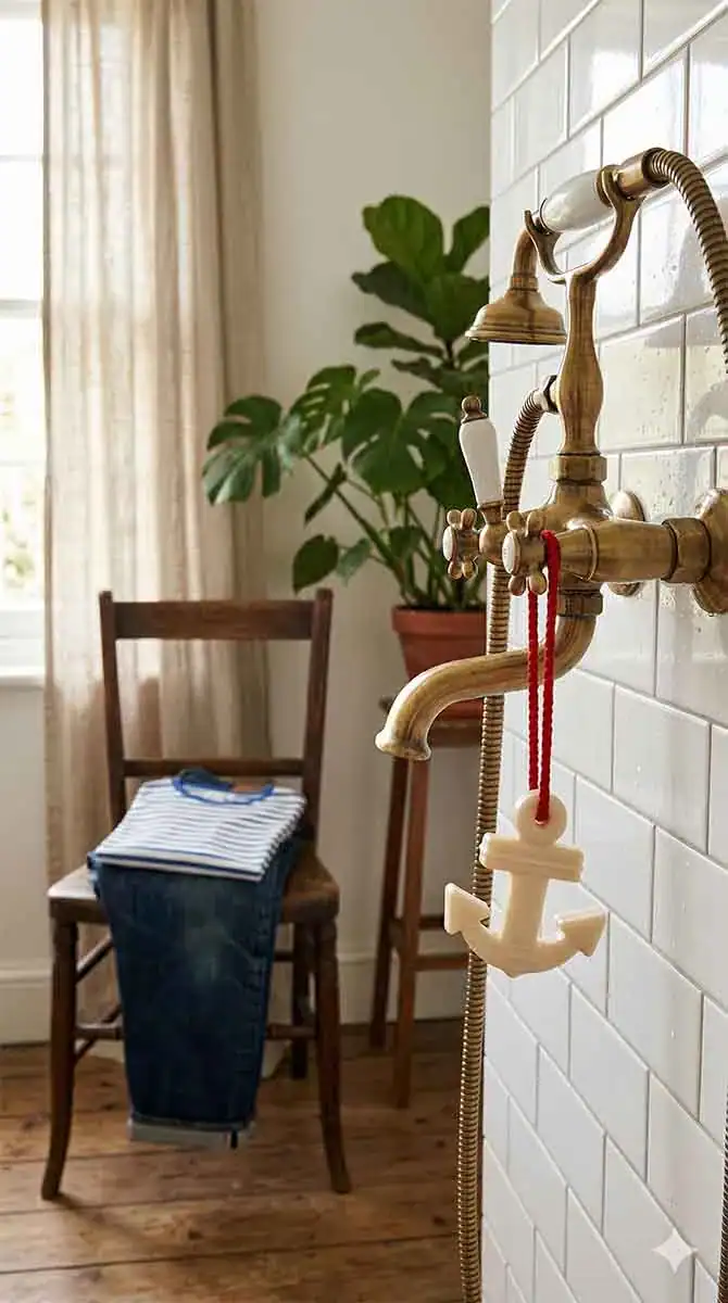 Antiker Wasserhahn mit Anker-Dekoration in Wellness-Bad.