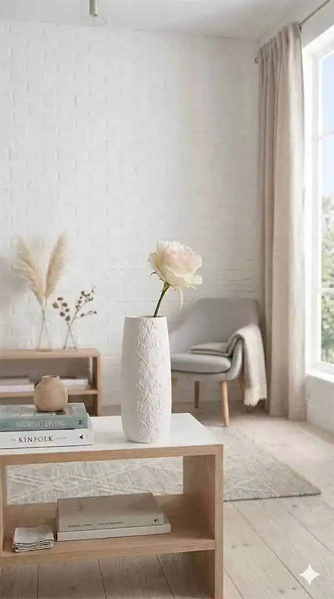 Modernes, helles Wohnzimmer mit weißer Vase und natürlichem Licht.