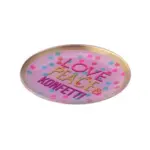 Bunter Teller mit den Worten "Love, Peace & Konfetti" für festliche Anlässe.