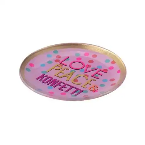 Bunter Teller mit den Worten "Love, Peace & Konfetti" für festliche Anlässe.