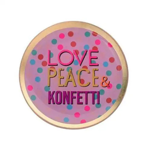 Bunter Teller mit den Worten "Love, Peace & Konfetti" für festliche Anlässe