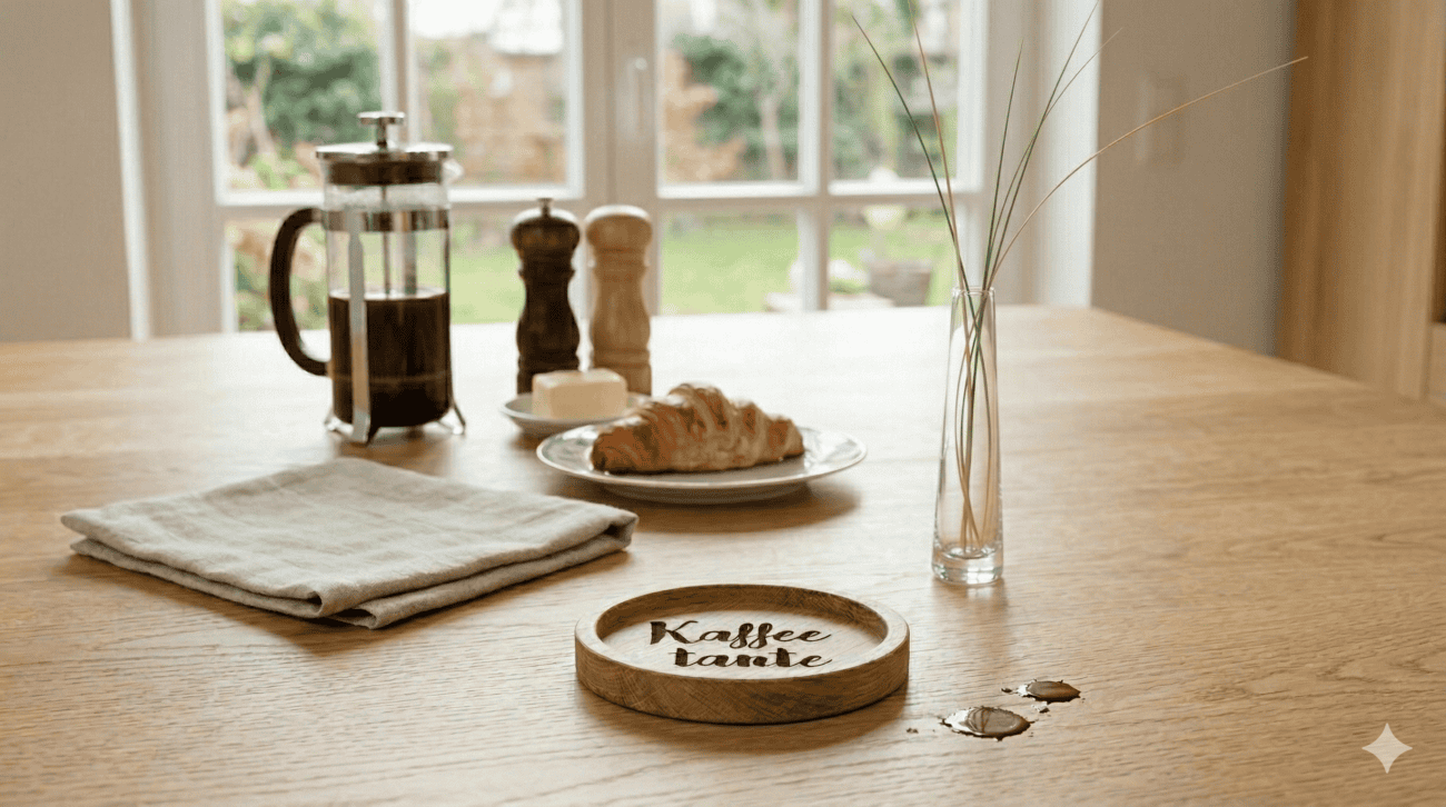 Frühstückstisch mit Croissant, Kaffee und Salzstreuer