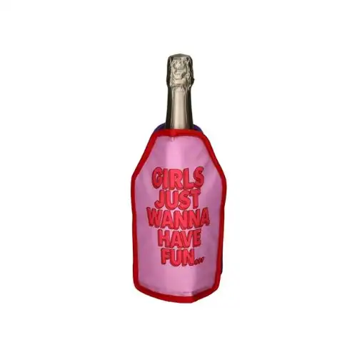 Sektflasche in pinkem Beutel mit Text 'Girls just wanna have fun'.