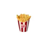 Pommes Frites in Fast-Food-Container mit Slogan.