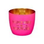 Pink Keramikbecher mit goldener Innenseite und Aufschrift "Happy Wife Happy Life".