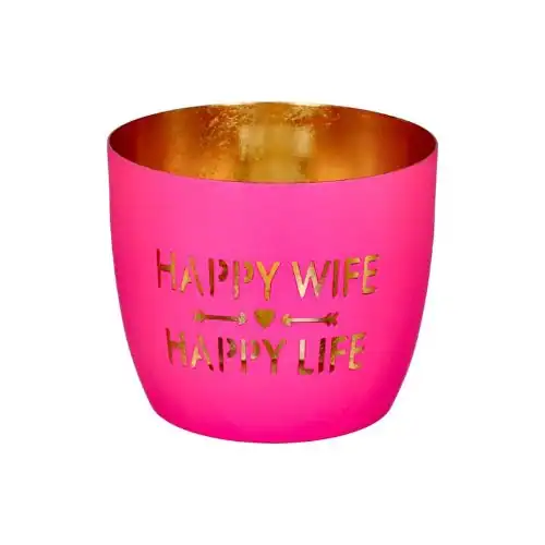 Pink Keramikbecher mit goldener Innenseite und Aufschrift "Happy Wife Happy Life".