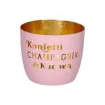 Pink Geschenkbecher mit goldener Innenseite und Schrift.