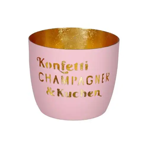 Pink Geschenkbecher mit goldener Innenseite und Schrift.