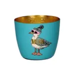 Bunter Blumentopf mit Gans-Design und goldener Innenseite.