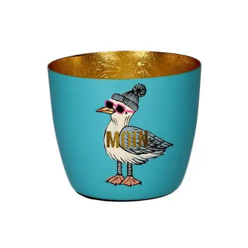 Bunter Blumentopf mit Gans-Design und goldener Innenseite.