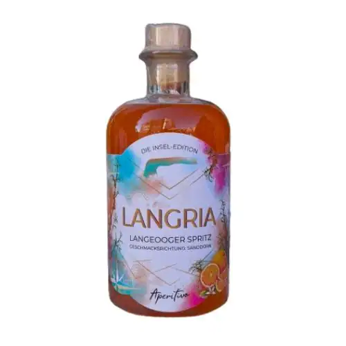 Langria Vorderseite Langria Sanddornlikör in dekorativer Flasche mit Etikett.