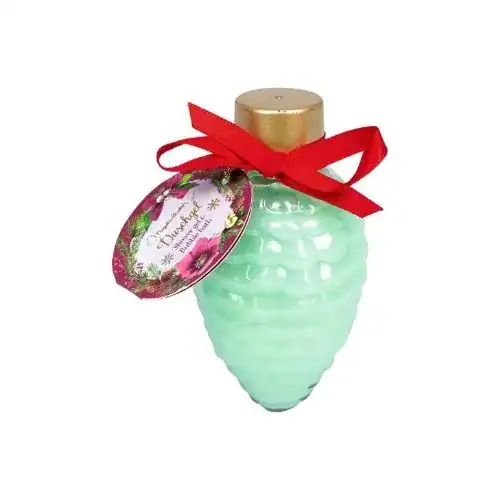Duschgel in grüner Flasche mit rotem Band und goldener Kappe.