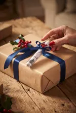 Geschenkverpackung mit Weihnachtsdekoration und Geschenkband.